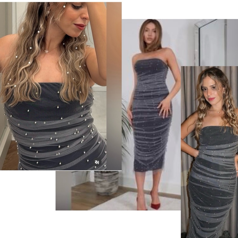 Zara gray strapless gathered draped ruched mesh tulle pearl embellished dress L